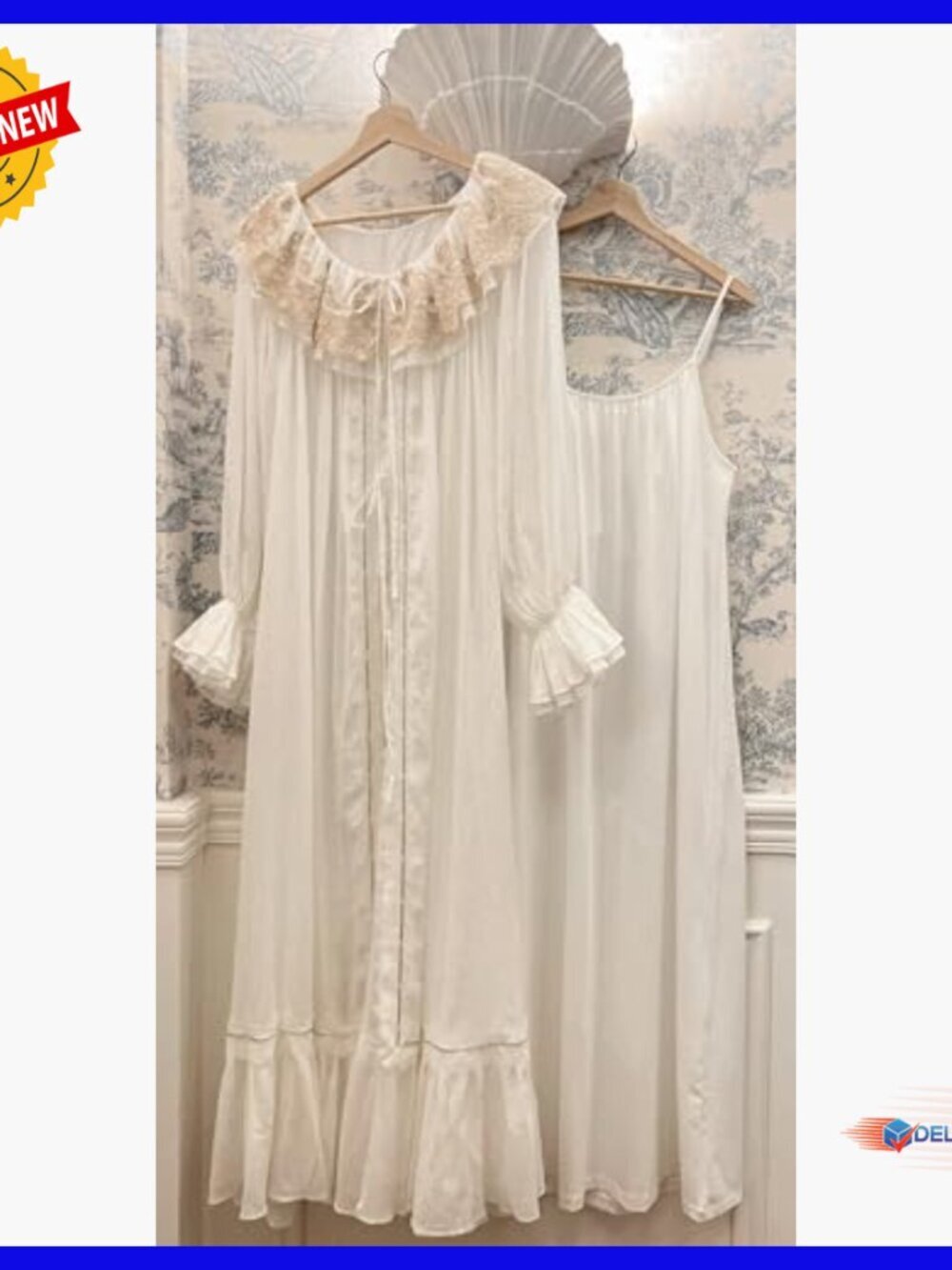 Small Cotton Victorian Nightgown Robe Set Built-in Bra Lace Collar - Picture 6 of 7